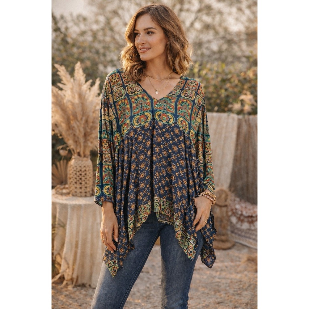 Sacred Threads Tunic Top Women O/S  Shark Bite Boho Festival Gypsy